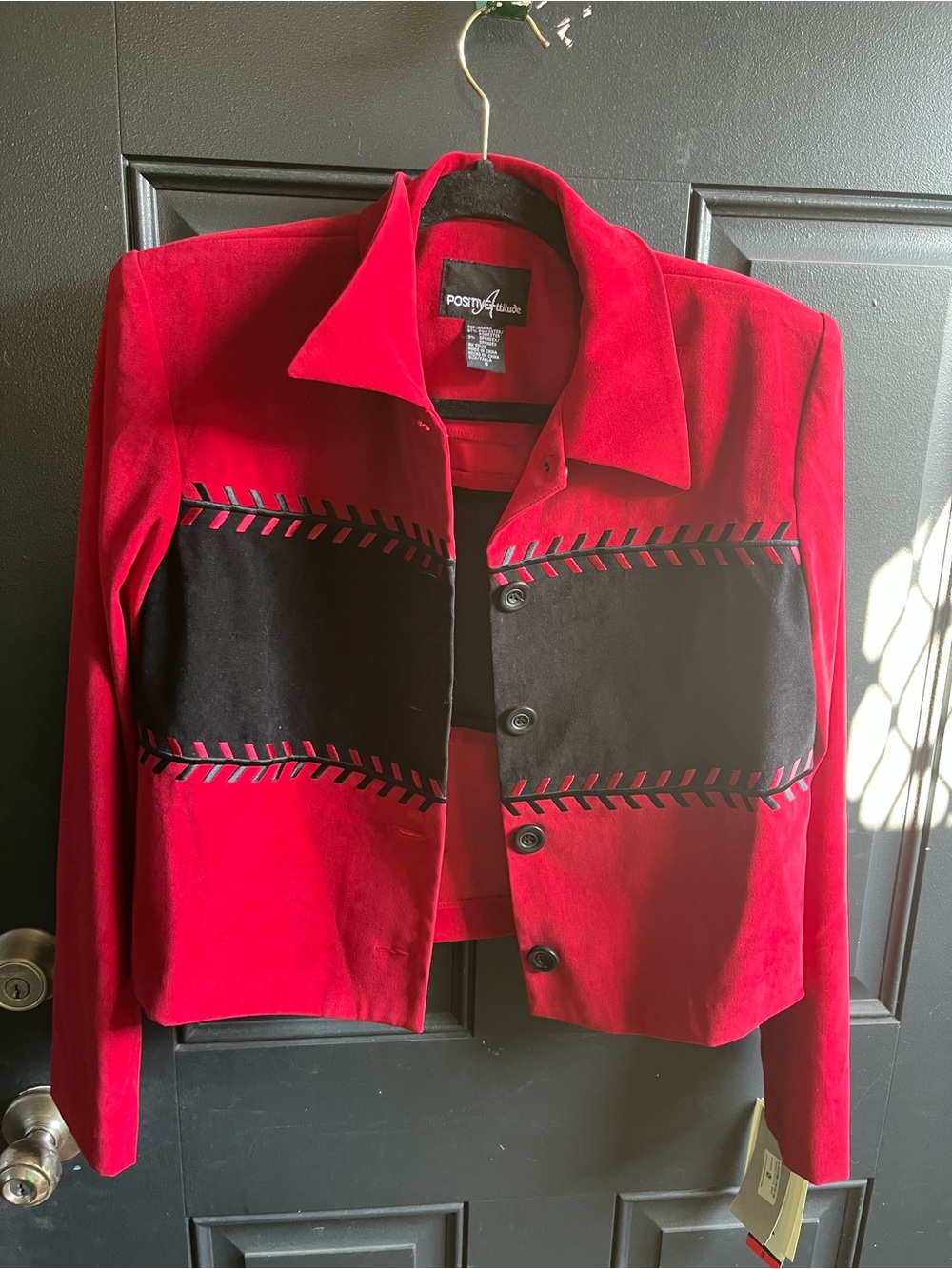 Positive Attitude Red and Black Cropped Button-Front Jacket